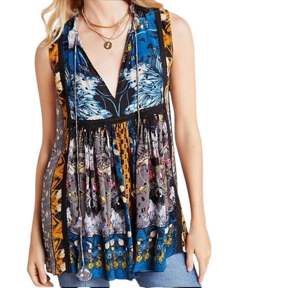 Anthropologie Tops - Anthropologie Bhanuni by Jyoti Blue Larkin Sleeveless V Neck Top